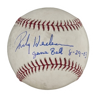 2003 Rickey Henderson Game Used and Signed MLB Baseball From Game He Stole His Last Base (Record SB # 1406) PSA/DNA